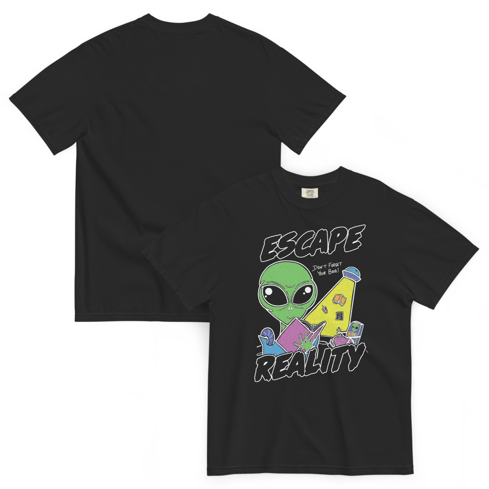 The front and back of a black short-sleeve t-shirt shown on a white background, with a colorful graphic of a green alien, a spaceship, and the text 'ESCAPE REALITY' on the front.