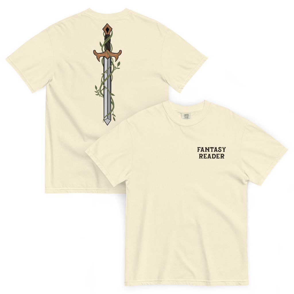 Front and back mockup of a cream t-shirt with a left chest design "Fantasy Reader" and a back design of a sword with vines wrapped around it.