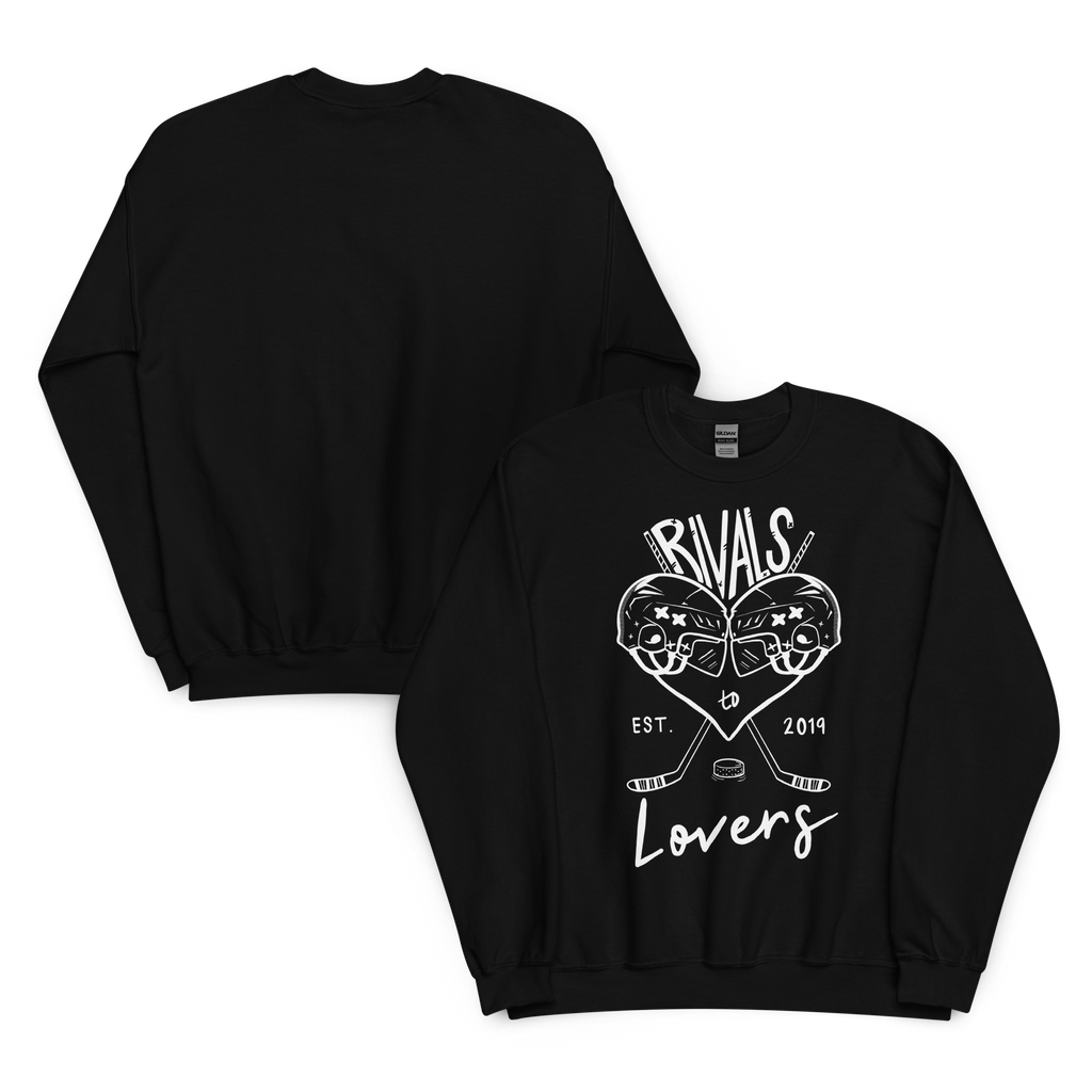 A front and back mockup of a black crewneck sweatshirt featuring a white graphic print of two hockey helmets forming a heart, crossed hockey sticks, a hockey puck, and the text 'RIVALS to Lovers EST. 2019' on the front with a blank back.