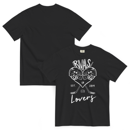A mockup front and back of a black short-sleeve t-shirt laid flat on a white surface, featuring a white graphic print of two hockey helmets forming a heart, crossed hockey sticks, a hockey puck, and the text 'RIVALS to Lovers EST. 2019' on the front with a blank back.